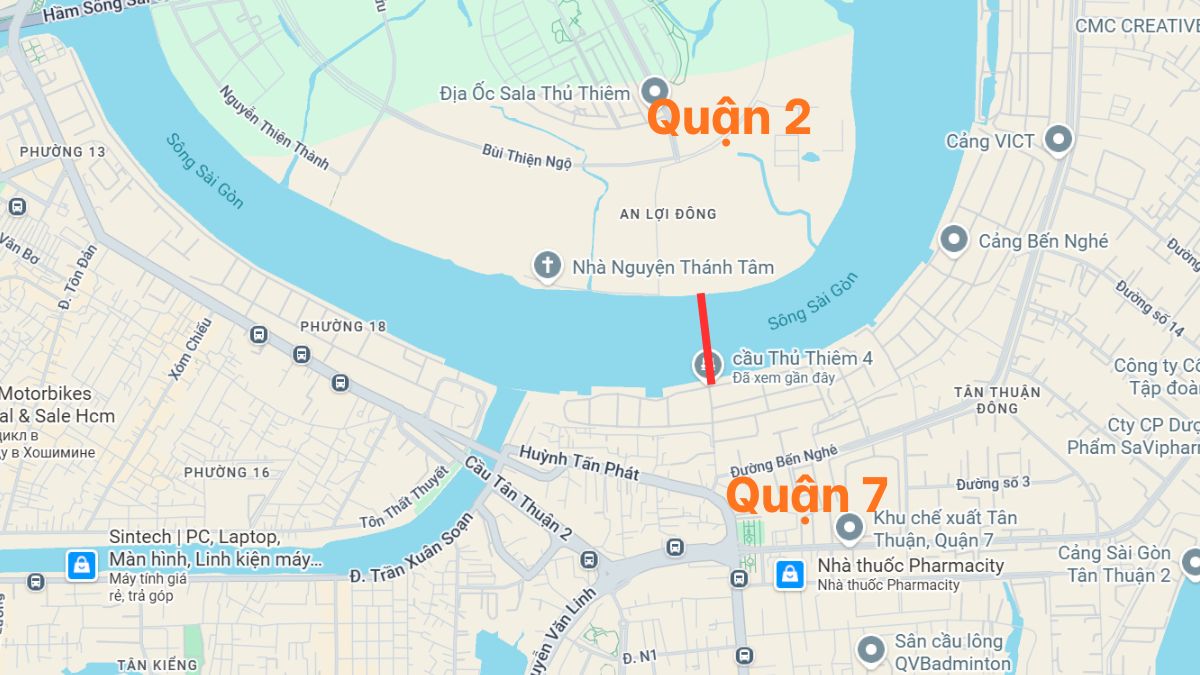 Sơ đồ hướng tuyến cầu Thủ Thiêm 4 kết nối Quận 7 với Thủ Thiêm