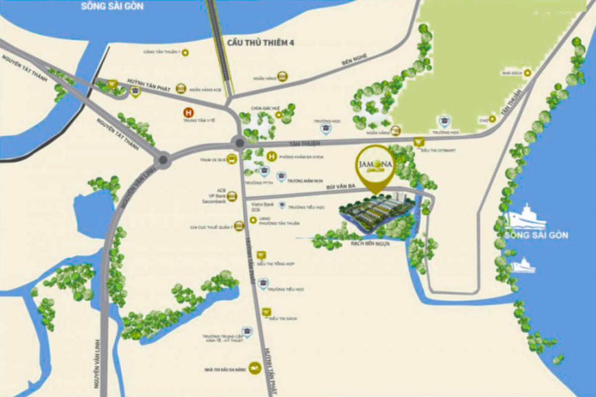 Sơ đồ tổng thể vị trí Jamona Golden Silk Quận 7, kết nối Phú Mỹ Hưng và khu Nam Sài Gòn