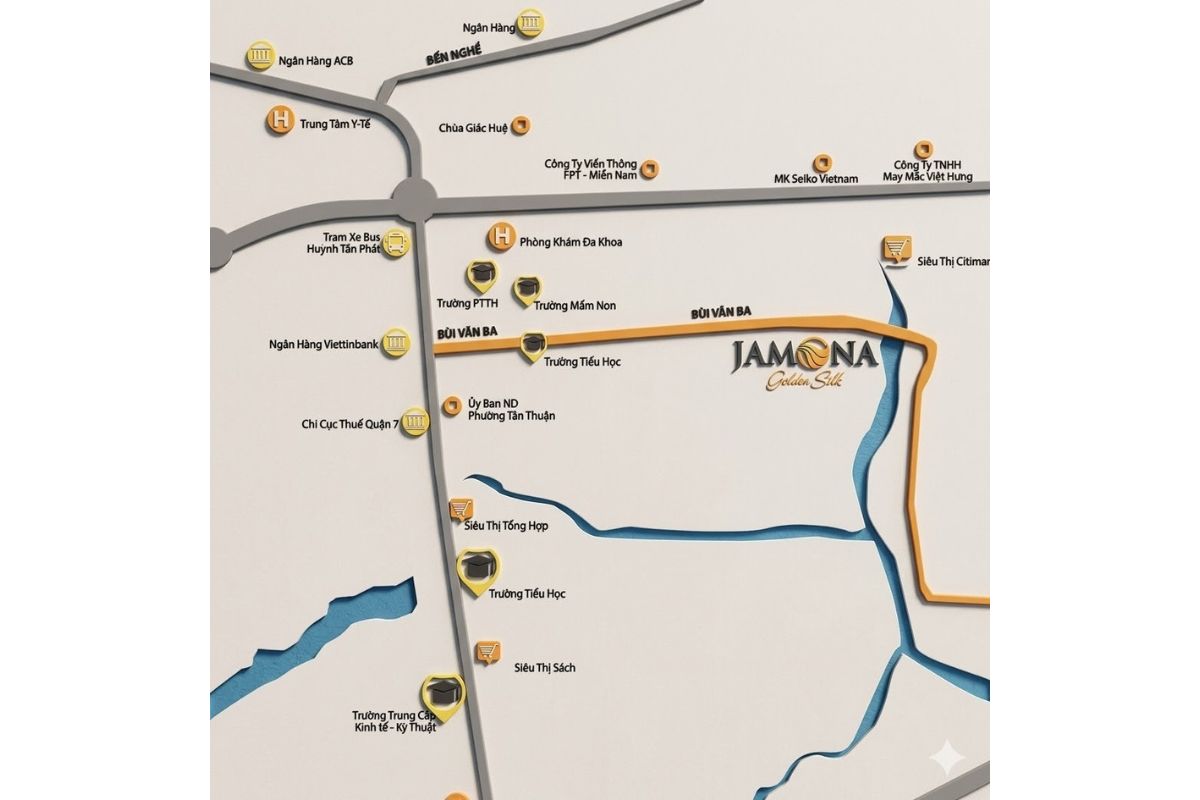 Sơ đồ vị trí Jamona Golden Silk trên đường Bùi Văn Ba, kết nối Phú Mỹ Hưng Quận 7 TP.HCM