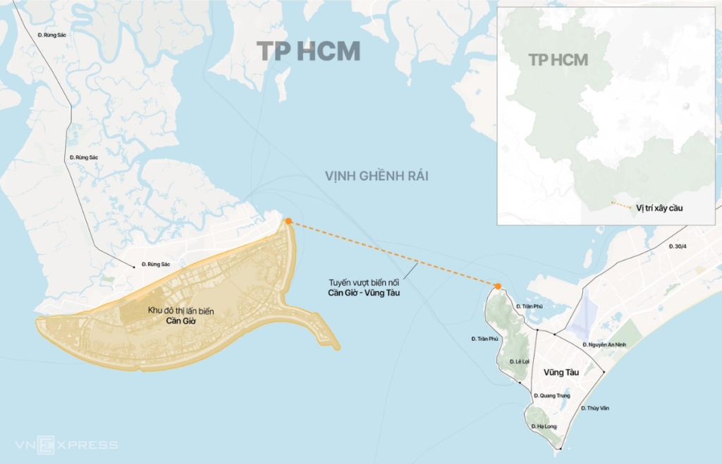 Bản đồ minh họa hướng tuyến cầu Cần Giờ kết nối Nhà Bè với Cần Giờ và các khu vực trọng điểm của khu Nam TP.HCM