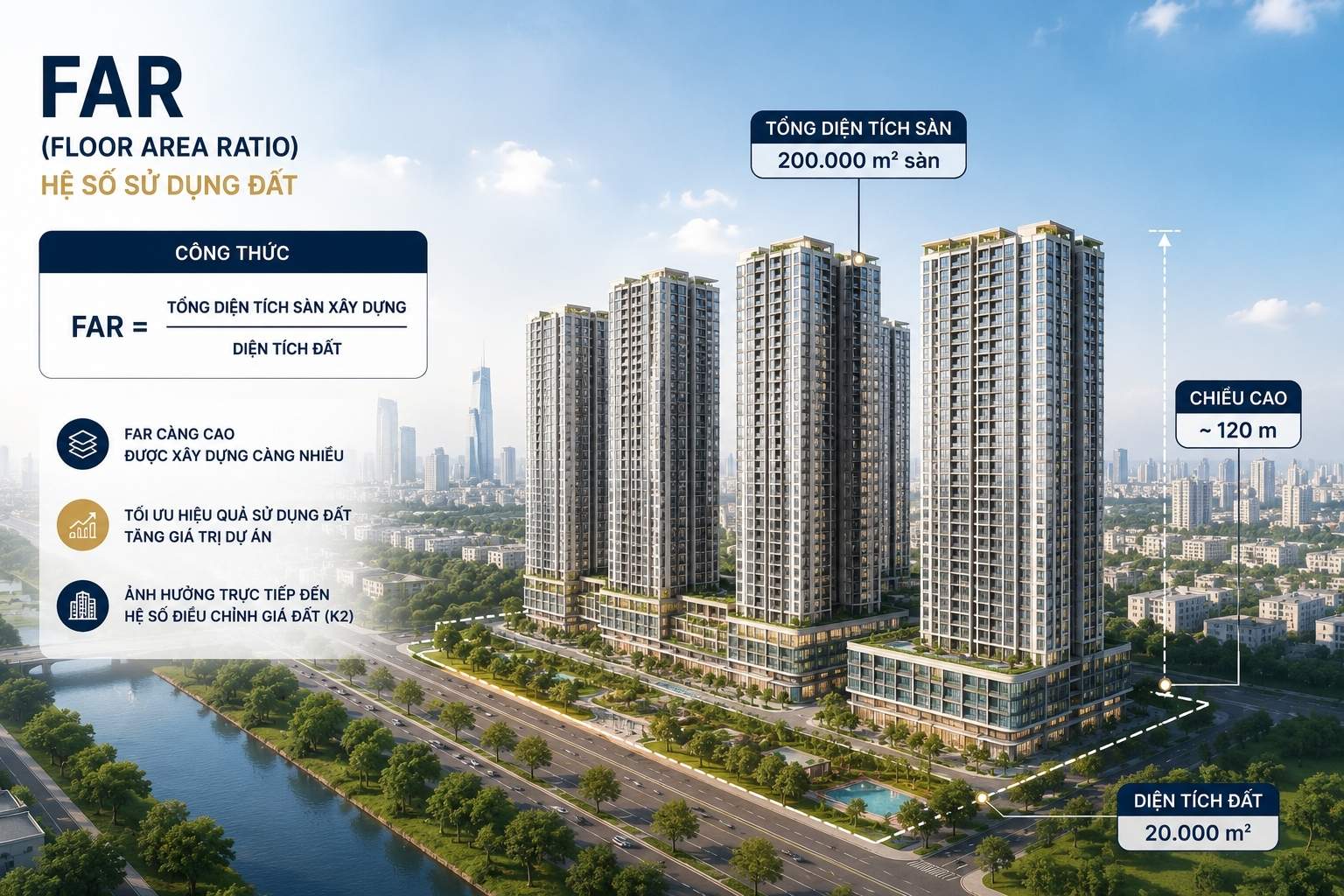Hình ảnh dự án chung cư cao tầng minh họa nhóm bất động sản chịu ảnh hưởng từ hệ số điều chỉnh giá đất năm 2026.