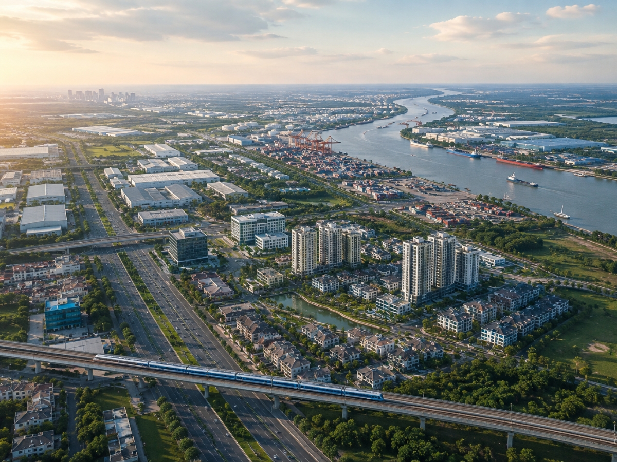Phối cảnh minh họa khu vực Hiệp Phước trong tương lai với Metro số 4, khu đô thị hiện đại, khu công nghiệp, cảng container và sông Soài Rạp.
