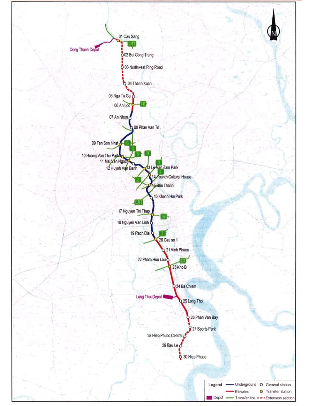 Bản đồ hướng tuyến Metro số 4 TP.HCM, kết nối Đông Thạnh, sân bay Tân Sơn Nhất, trung tâm thành phố và Hiệp Phước với 30 ga dự kiến.