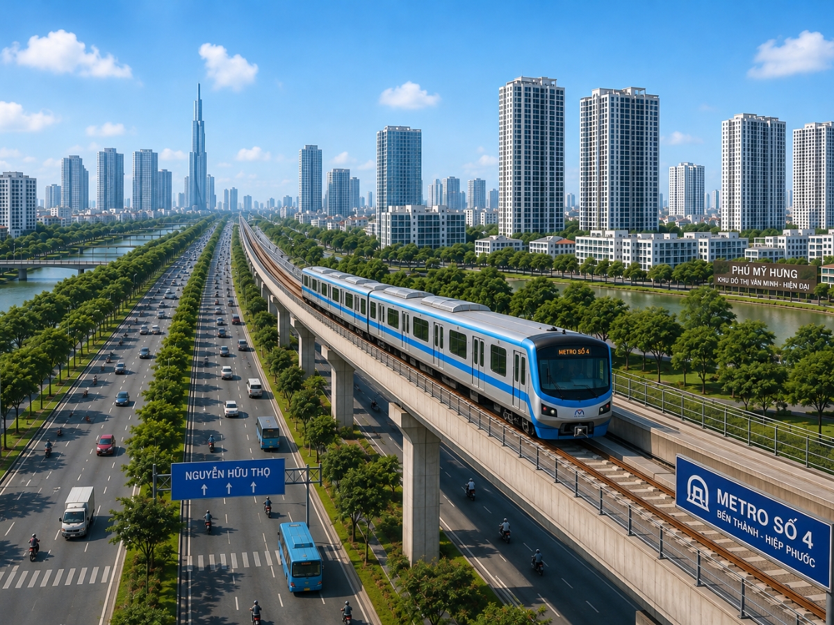 Phối cảnh minh họa Metro số 4 đi trên cao dọc trục Nguyễn Hữu Thọ, kết nối khu Nam TP.HCM với trung tâm thành phố.