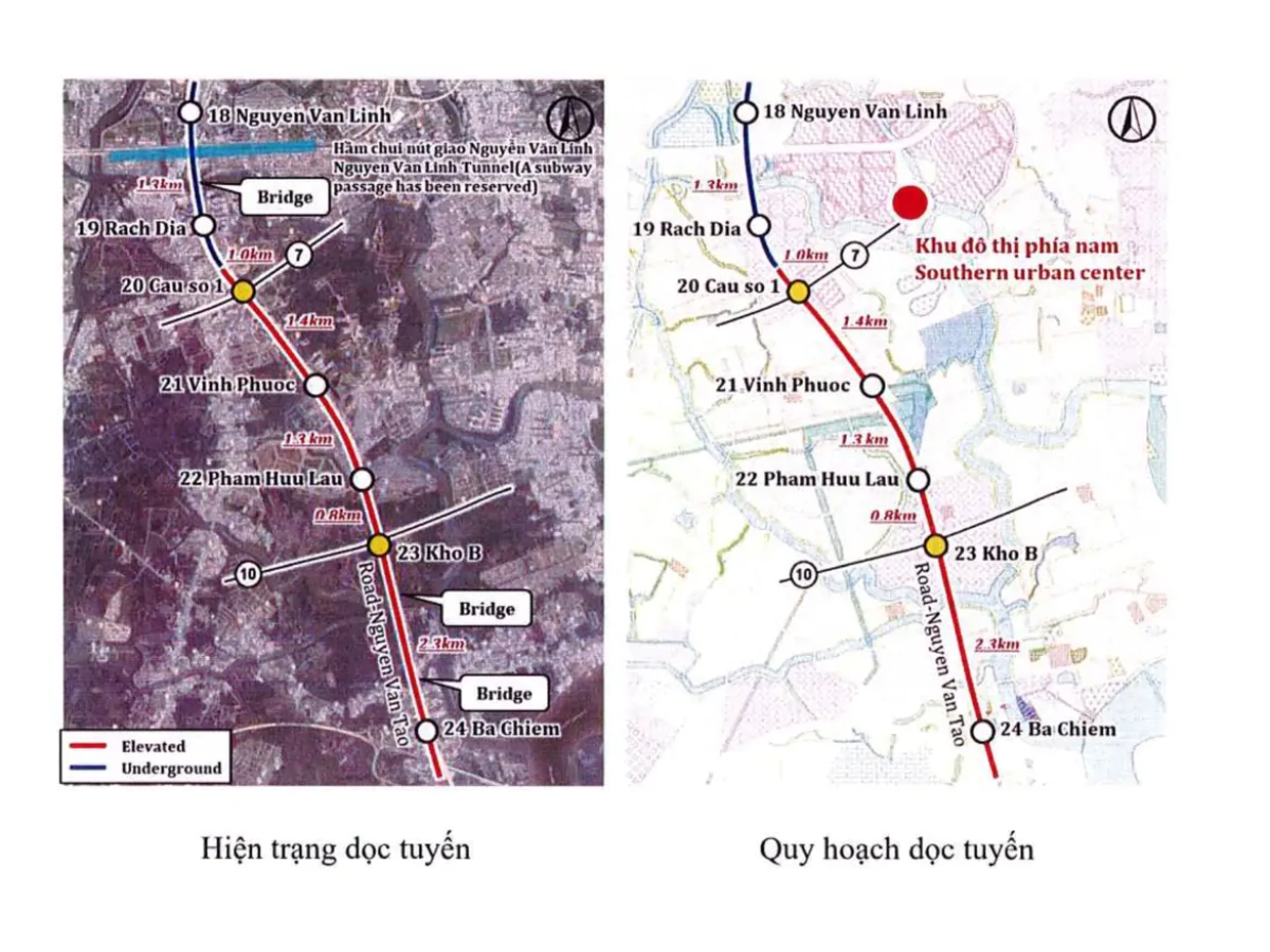 Hình minh họa so sánh hiện trạng và phương án quy hoạch Metro số 4 dọc đường Nguyễn Văn Tạo, kết nối khu đô thị phía Nam với Hiệp Phước.
