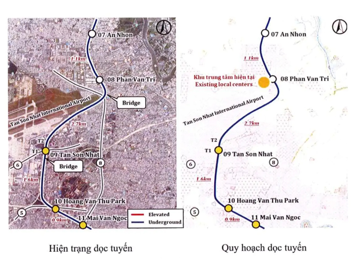 Hình minh họa so sánh hiện trạng và phương án quy hoạch Metro số 4 qua khu vực sân bay Tân Sơn Nhất, từ ga An Nhơn đến ga Mai Văn Ngọc.