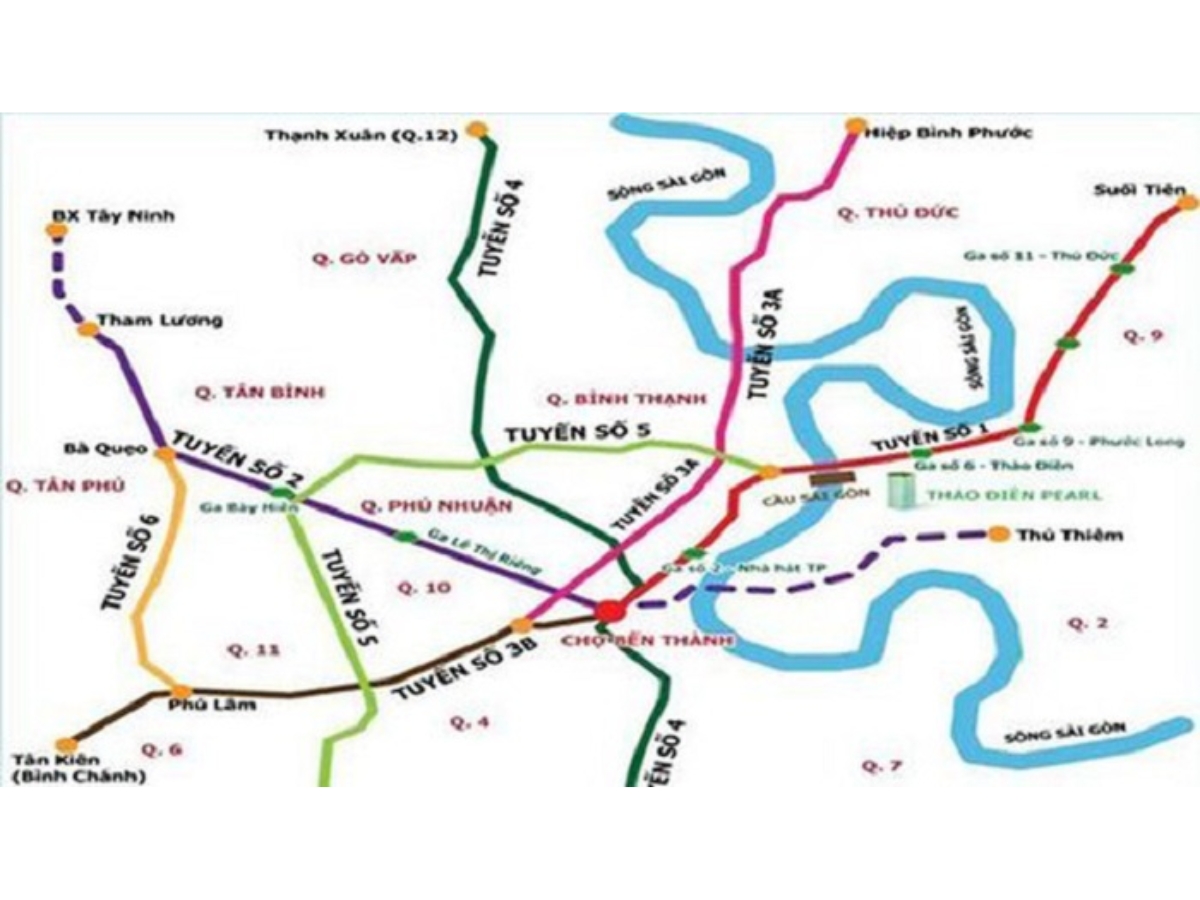 Sơ đồ minh họa vai trò kết nối của Metro số 4 trong mạng lưới đường sắt đô thị TP.HCM, liên kết cửa ngõ phía Bắc, sân bay Tân Sơn Nhất, trung tâm thành phố và Hiệp Phước.
