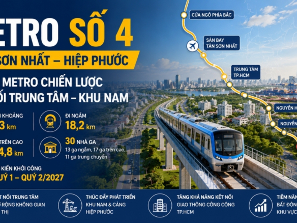 Ảnh Social Share minh họa Metro số 4 kết nối cửa ngõ phía Bắc, sân bay Tân Sơn Nhất, trung tâm TP.HCM, Nguyễn Hữu Thọ và Hiệp Phước theo phương án nghiên cứu.